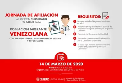 Secretaría de salud pública y seguridad social invita a jornada de afiliación al régimen subsidiado para población venezolana